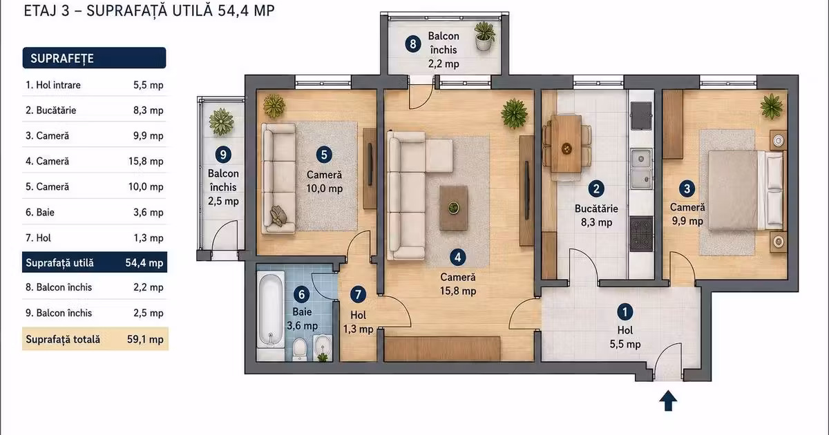 Apartament de vânzare cu 3 camere, mobilat în zona Girocului, Timișoara