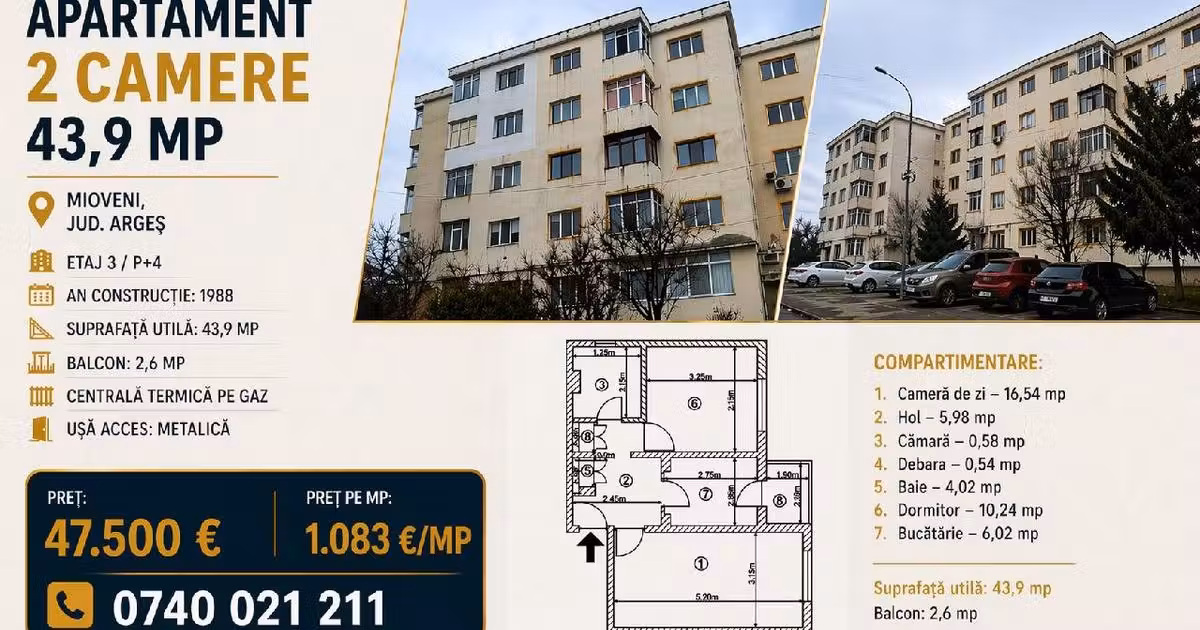 Apartament de vânzare cu 2 camere în Mioveni