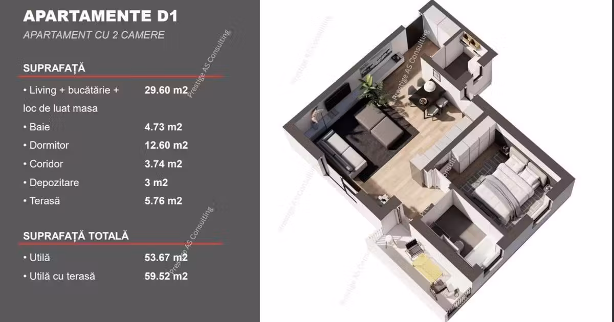 Apartament de vânzare cu 2 camere, mobilat în Dumbrăvița