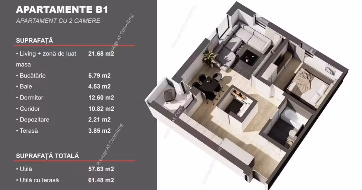 Apartament de vânzare cu 2 camere, mobilat în Dumbrăvița