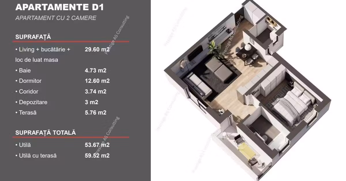 Apartament de vânzare cu 2 camere, mobilat în Dumbrăvița