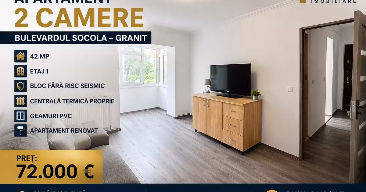 Apartament de vânzare cu 2 camere în zona Podu Roș, Iași