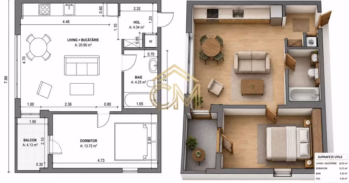 Apartament de vânzare cu 2 camere în Cristian