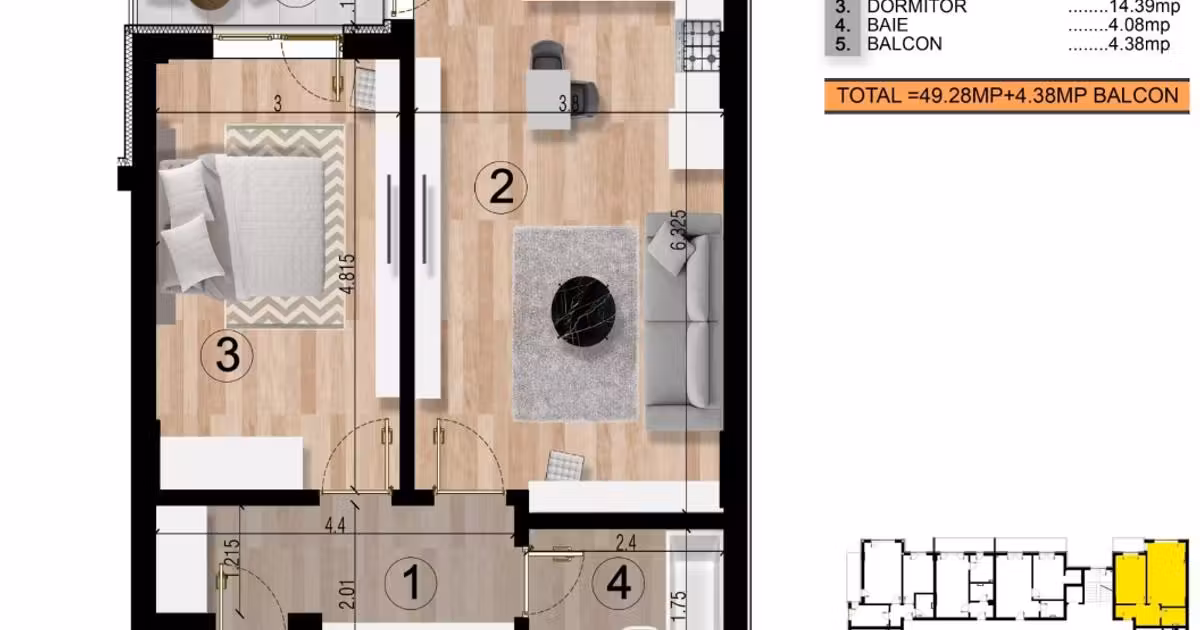 Apartament de vânzare cu 2 camere în Popești-Leordeni