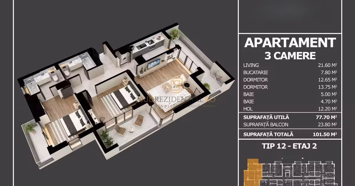 Apartament de vânzare cu 3 camere în Popești-Leordeni