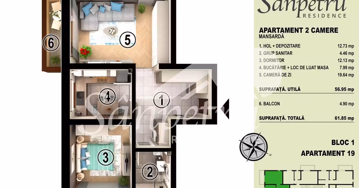 Apartament de vânzare cu 2 camere în Sânpetru