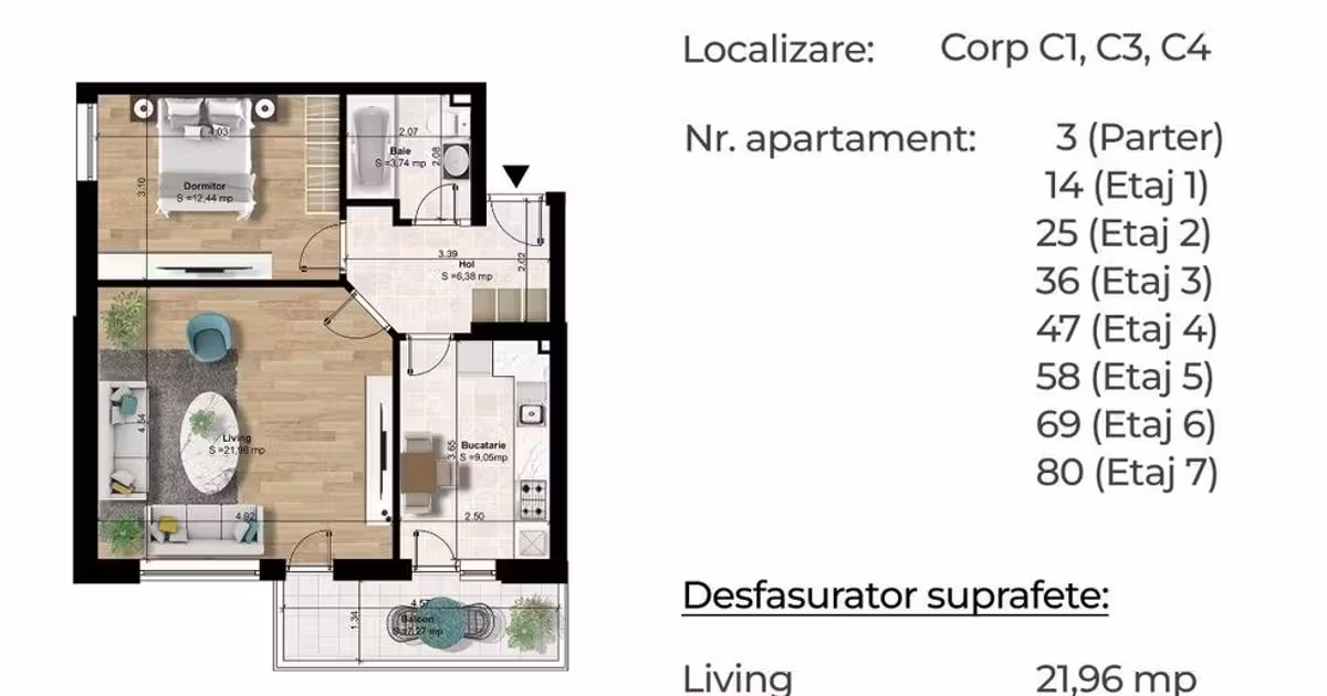 Apartament de vânzare cu 2 camere în Popești-Leordeni