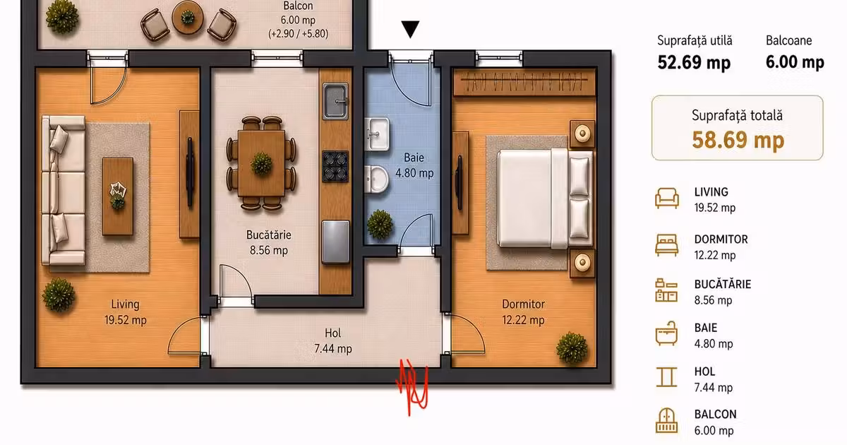Apartament de vânzare cu 2 camere în Bragadiru