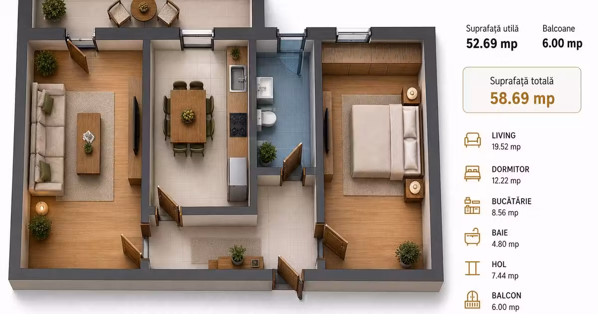 Apartament de vânzare cu 2 camere în Bragadiru