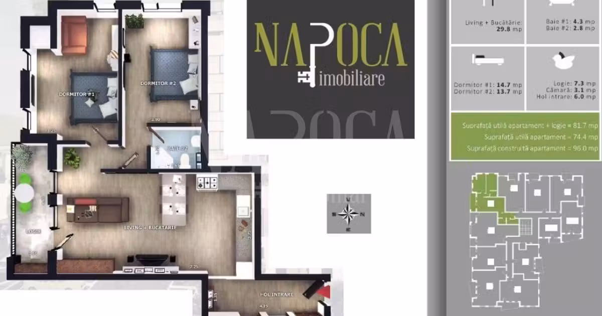 Apartament de vânzare cu 3 camere în Florești