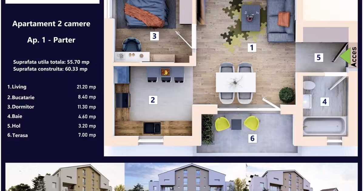 Apartament de vânzare cu 2 camere în Sânpetru