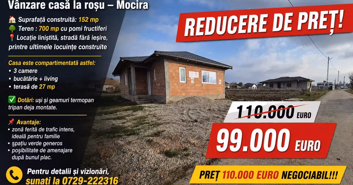Casă de vânzare cu 3 camere în Mocira