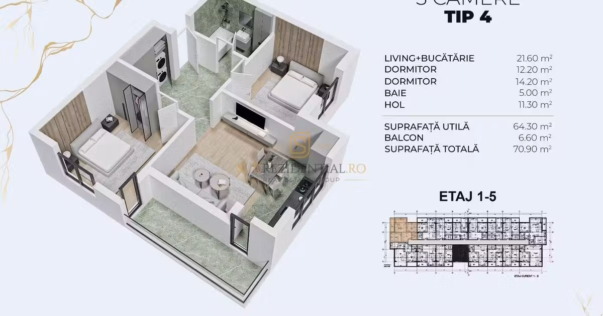 Apartament de vânzare cu 3 camere în Popești-Leordeni