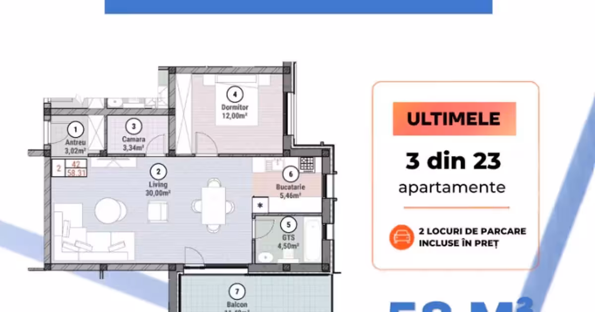 Apartament de vânzare cu 2 camere în Moșnița Nouă