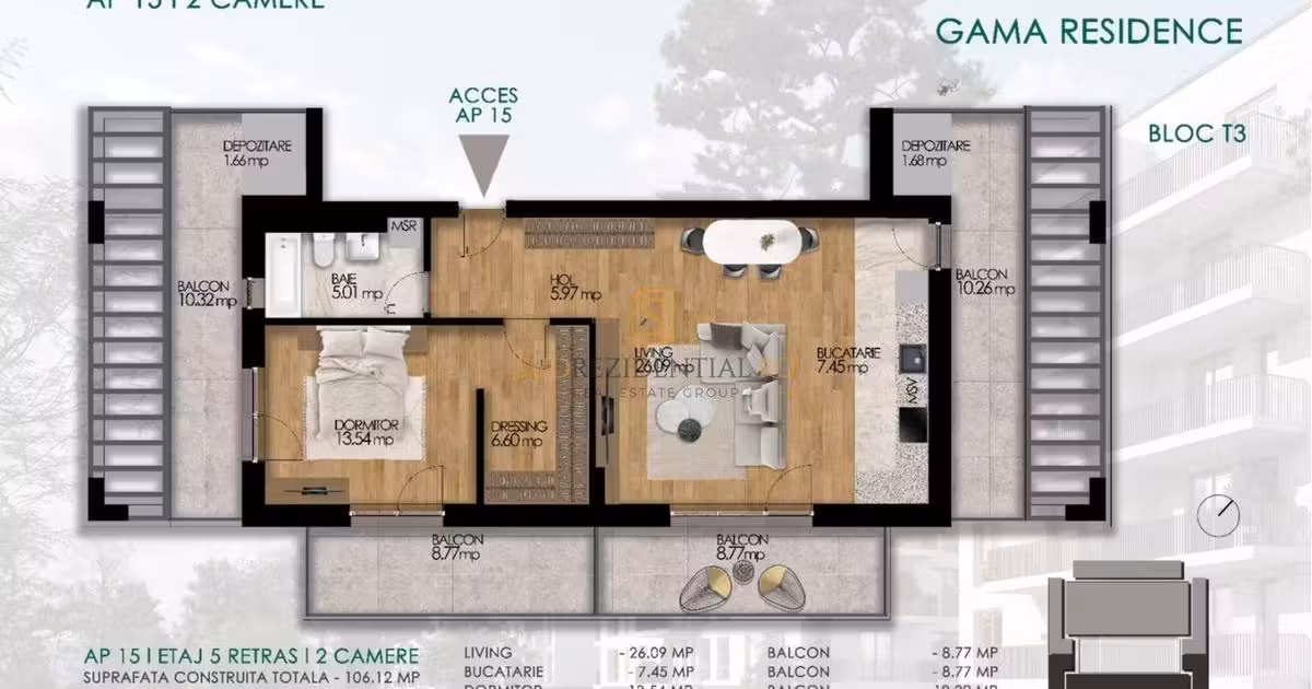 Apartament de vânzare cu 2 camere în Popești-Leordeni