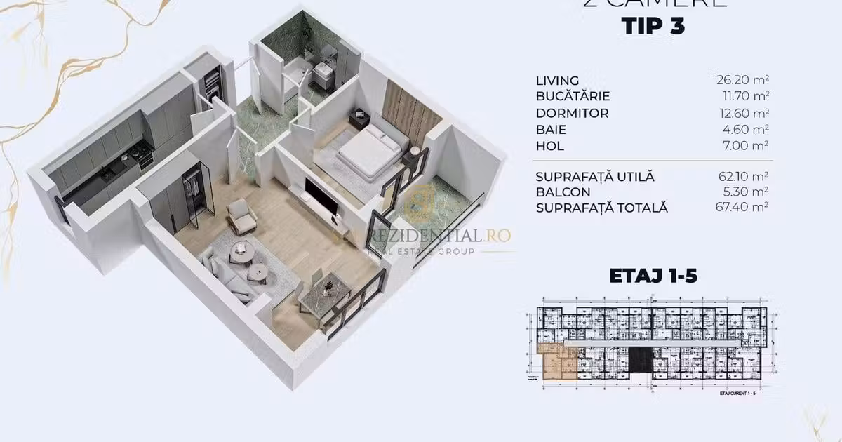 Apartament de vânzare cu 2 camere în Popești-Leordeni