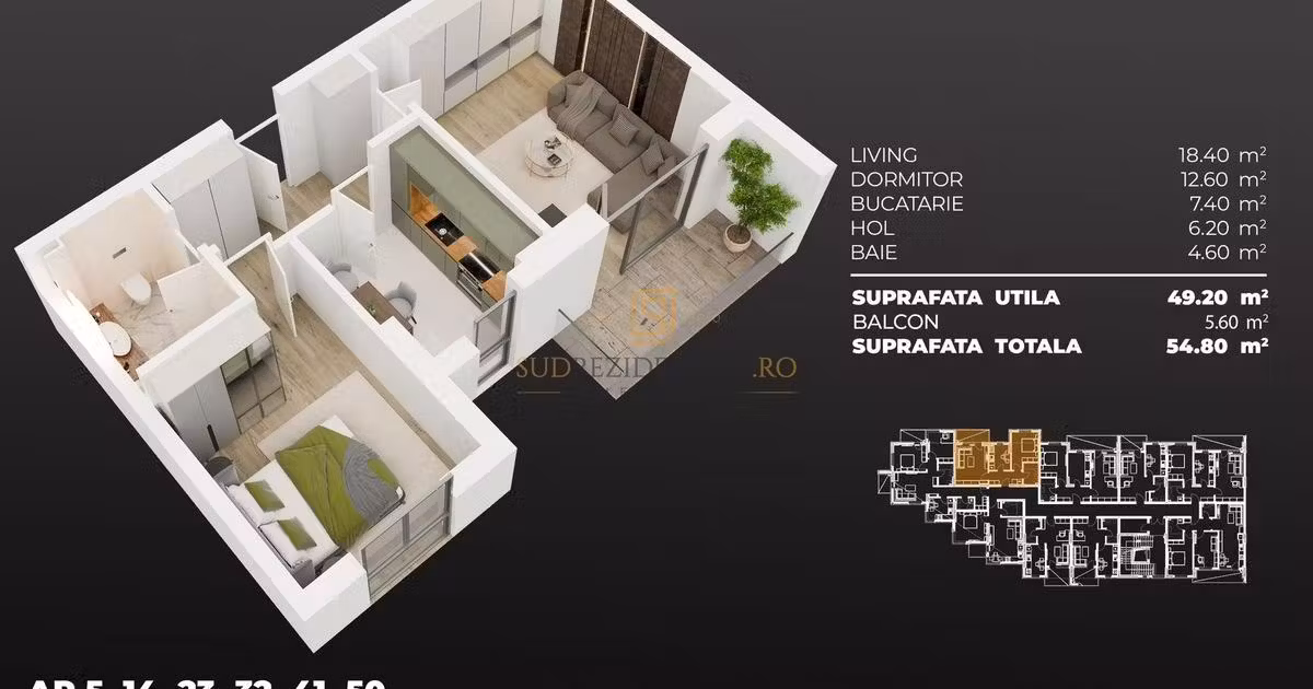 Apartament de vânzare cu 2 camere în Popești-Leordeni