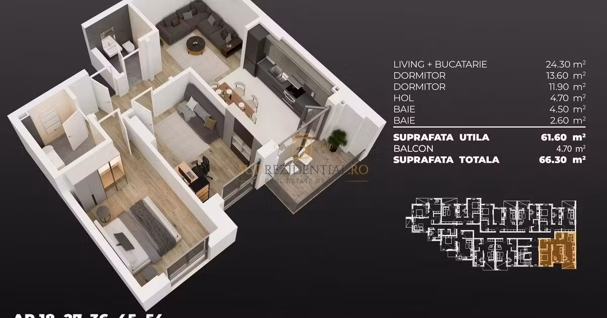 Apartament de vânzare cu 3 camere în Popești-Leordeni