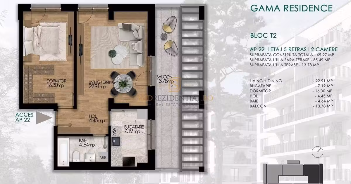 Apartament de vânzare cu 2 camere în Popești-Leordeni