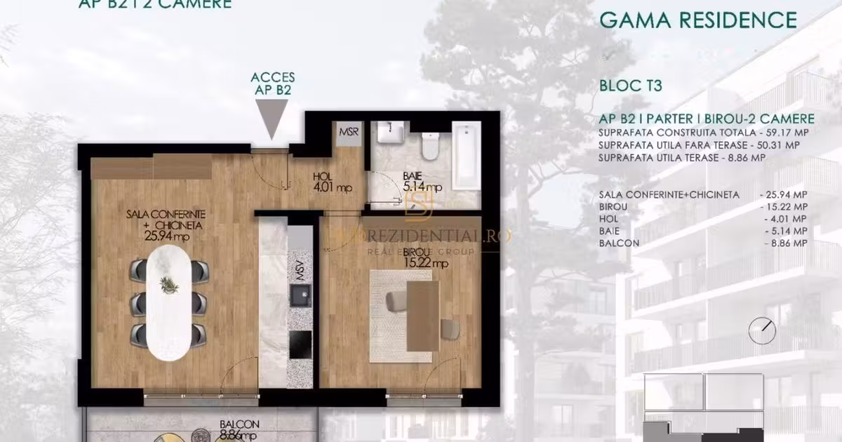 Apartament de vânzare cu 2 camere în Popești-Leordeni