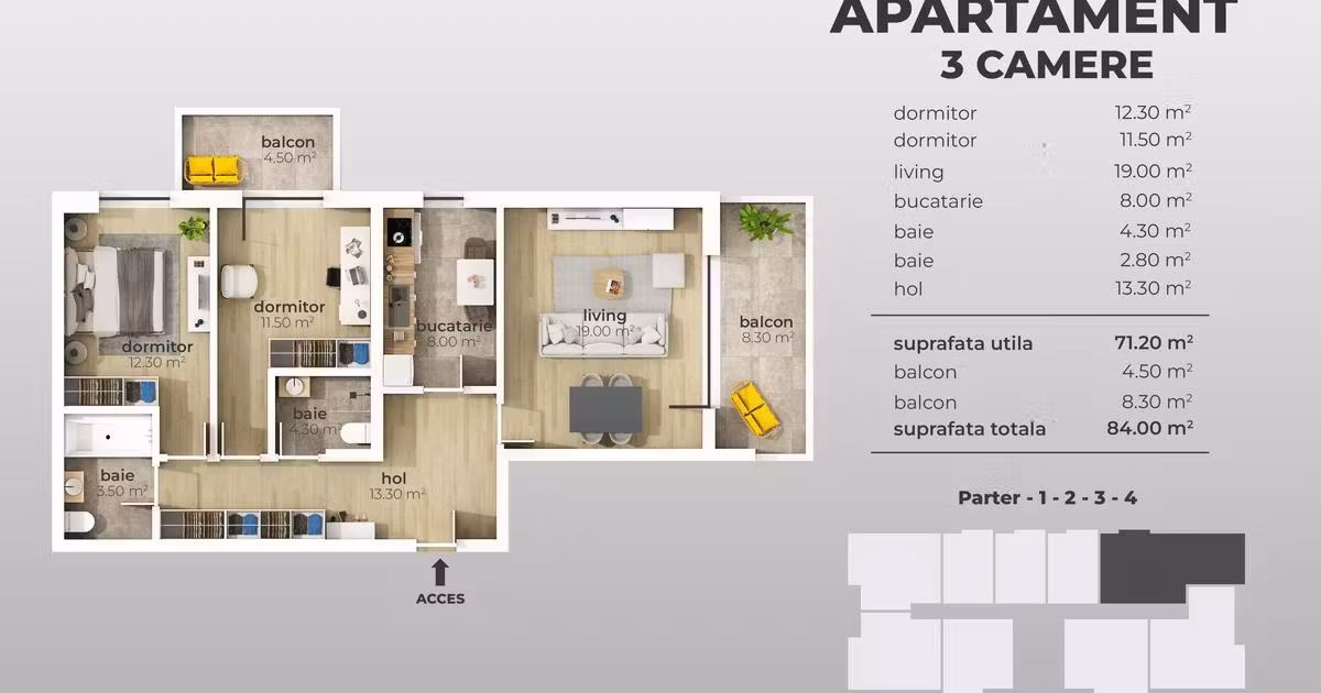 Apartament de vânzare cu 3 camere în zona Apărătorii Patriei, Sector 4