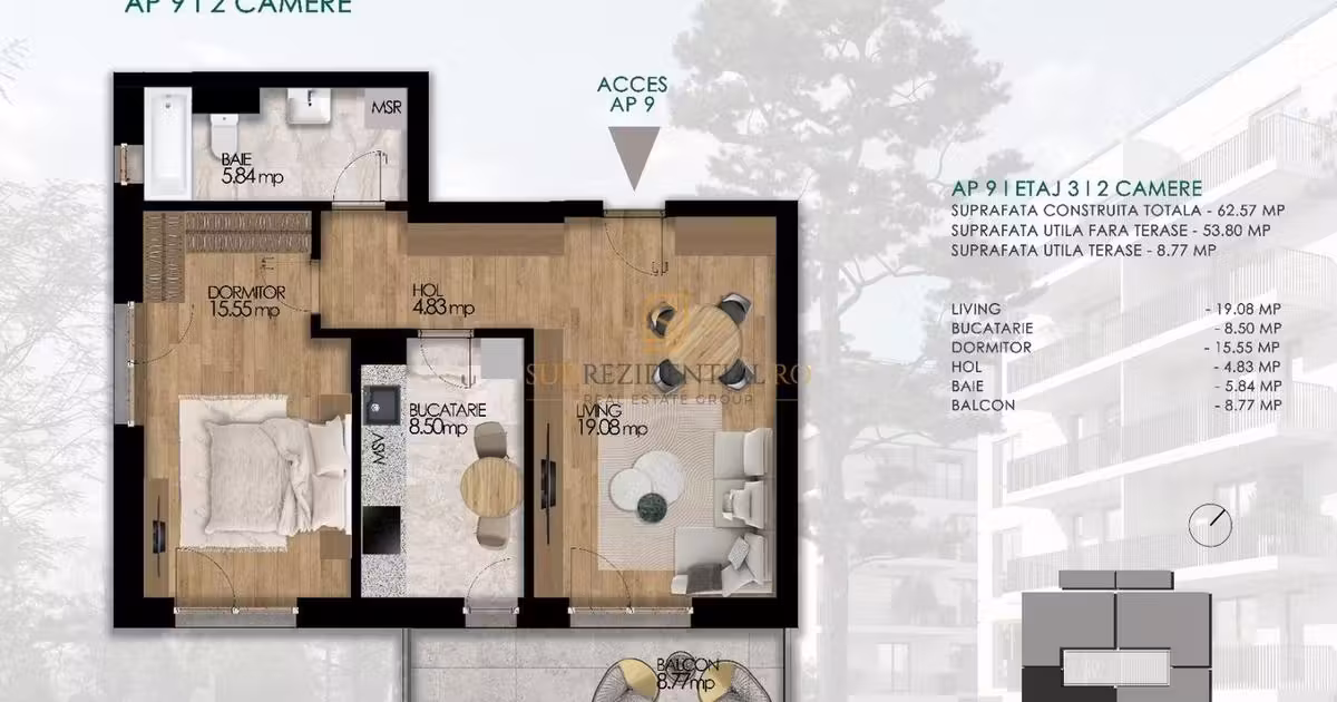Apartament de vânzare cu 2 camere în Popești-Leordeni