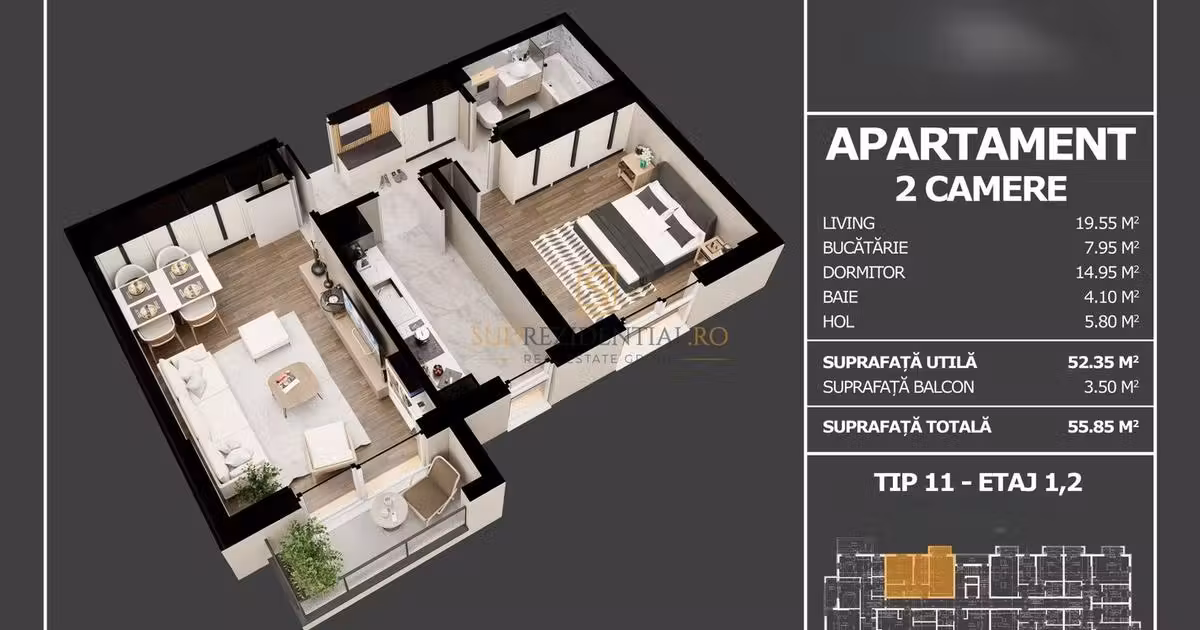 Apartament de vânzare cu 2 camere în Popești-Leordeni