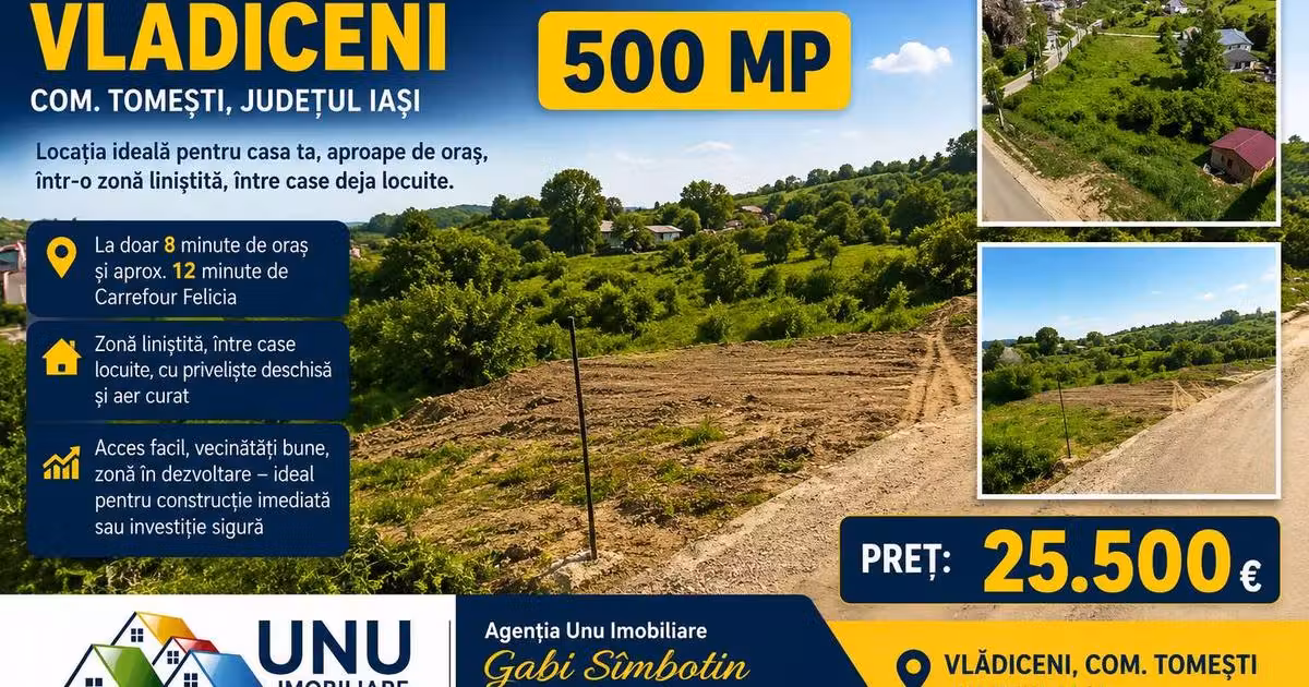 Teren agricol intravilan de vânzare de 500 mp, în zona Tomești, Iași