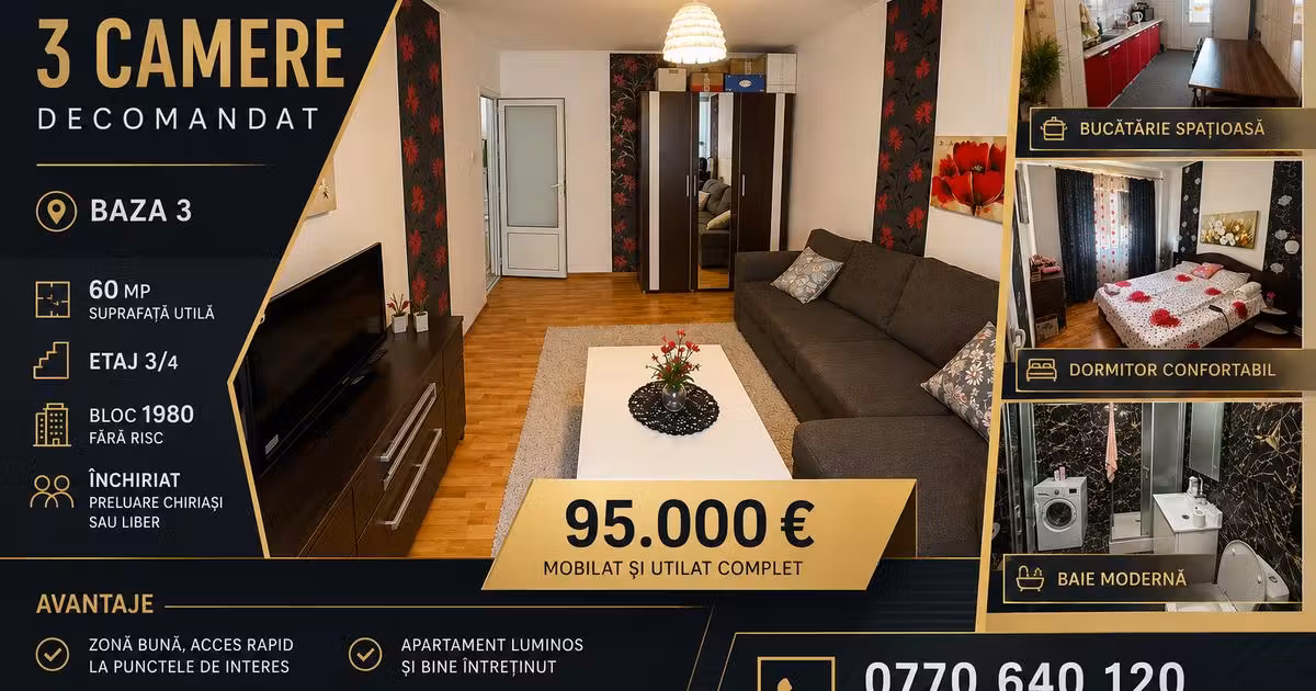 Apartament de vânzare cu 3 camere în zona Baza 3, Iași