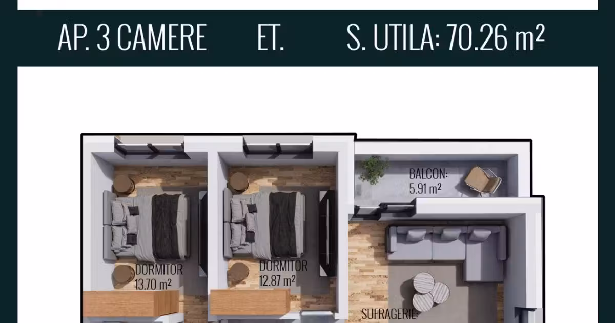 Apartament de vânzare cu 3 camere în Chiajna