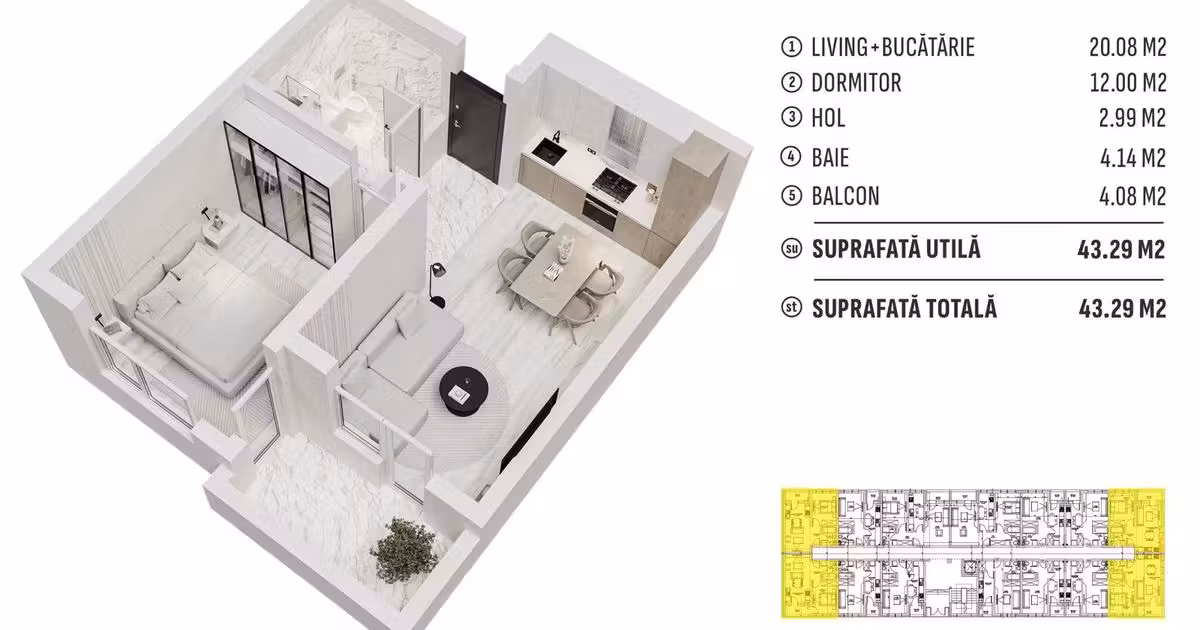 Apartament de vânzare cu 2 camere în Chiajna