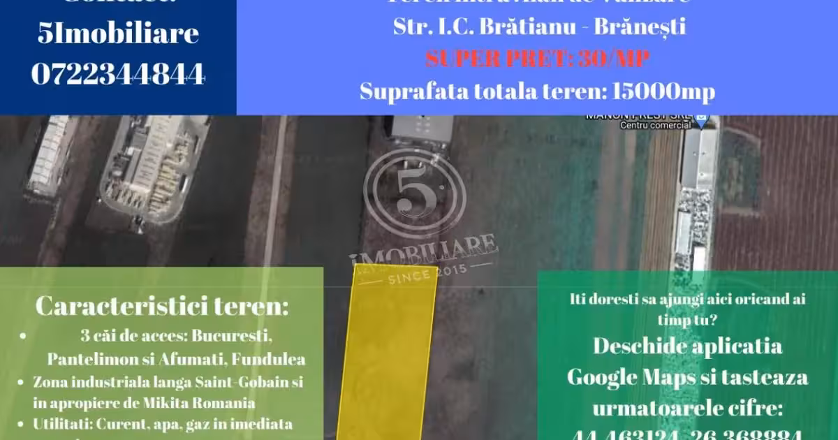 Teren Construcții intravilan de vânzare de 15452 mp, în Brănești