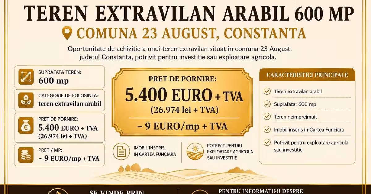 Teren agricol extravilan de vânzare de 600 mp, în 23 August