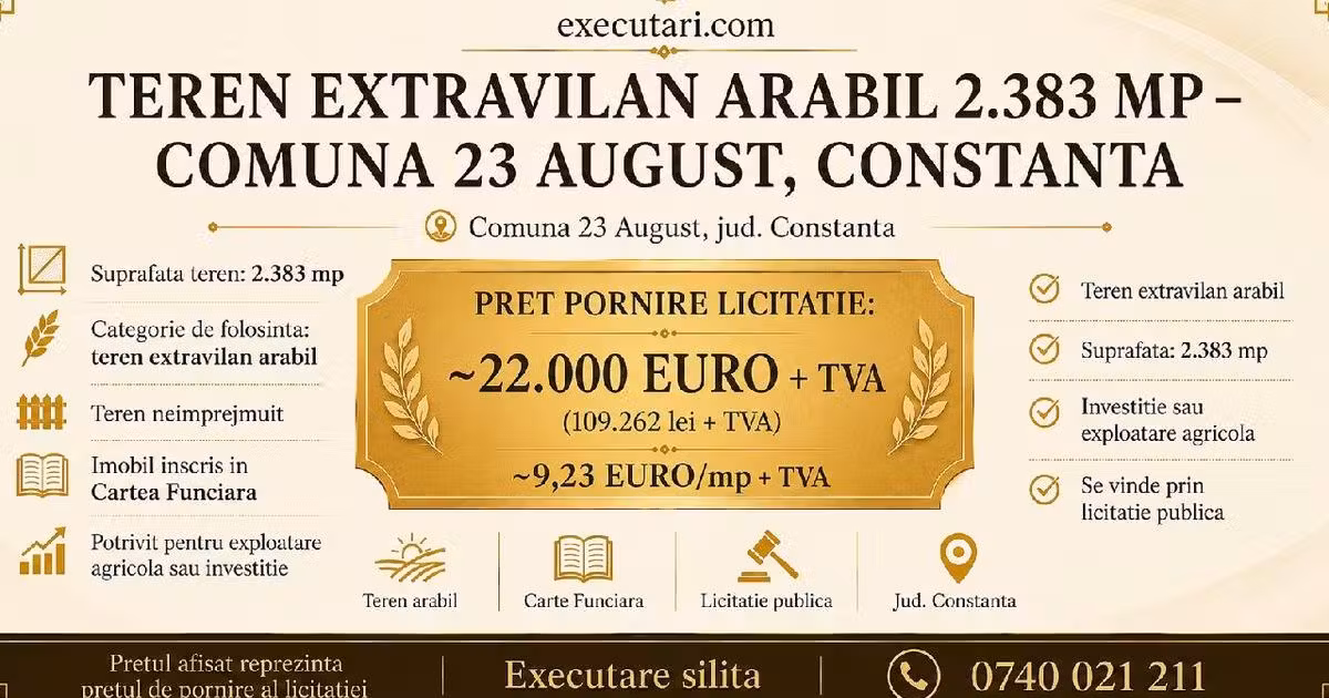 Teren agricol extravilan de vânzare de 2383 mp, în 23 August
