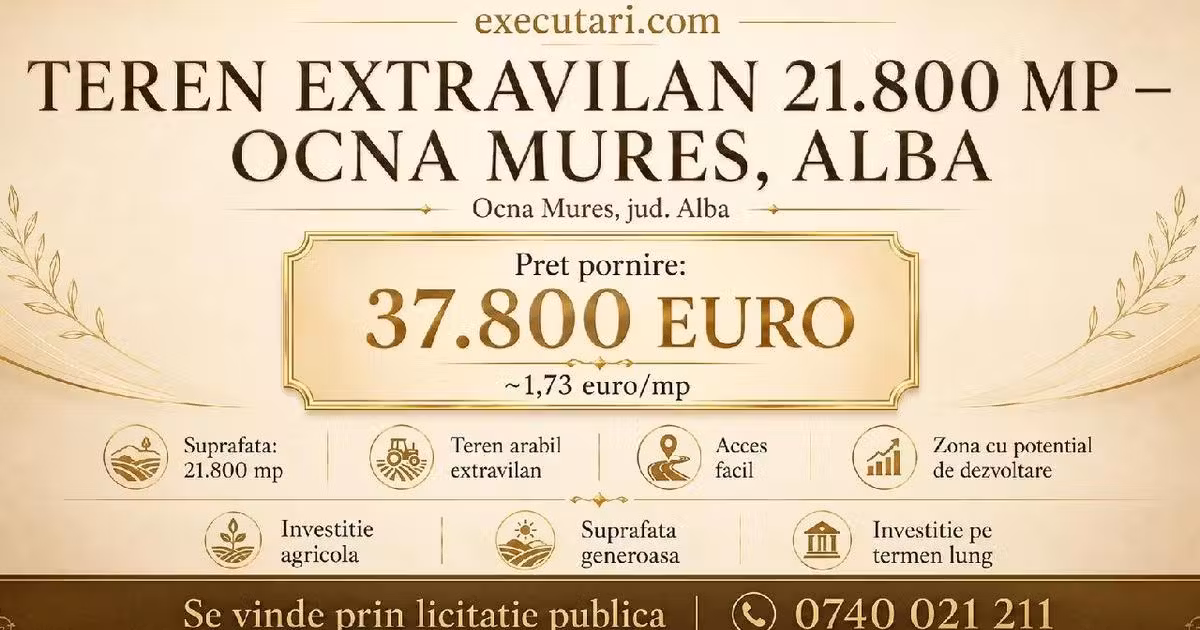 Teren agricol extravilan de vânzare de 21800 mp, în Ocna Mureș