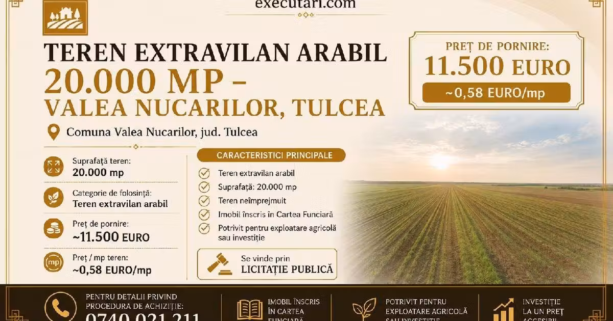 Teren agricol extravilan de vânzare de 20000 mp, în zona Central, Tulcea