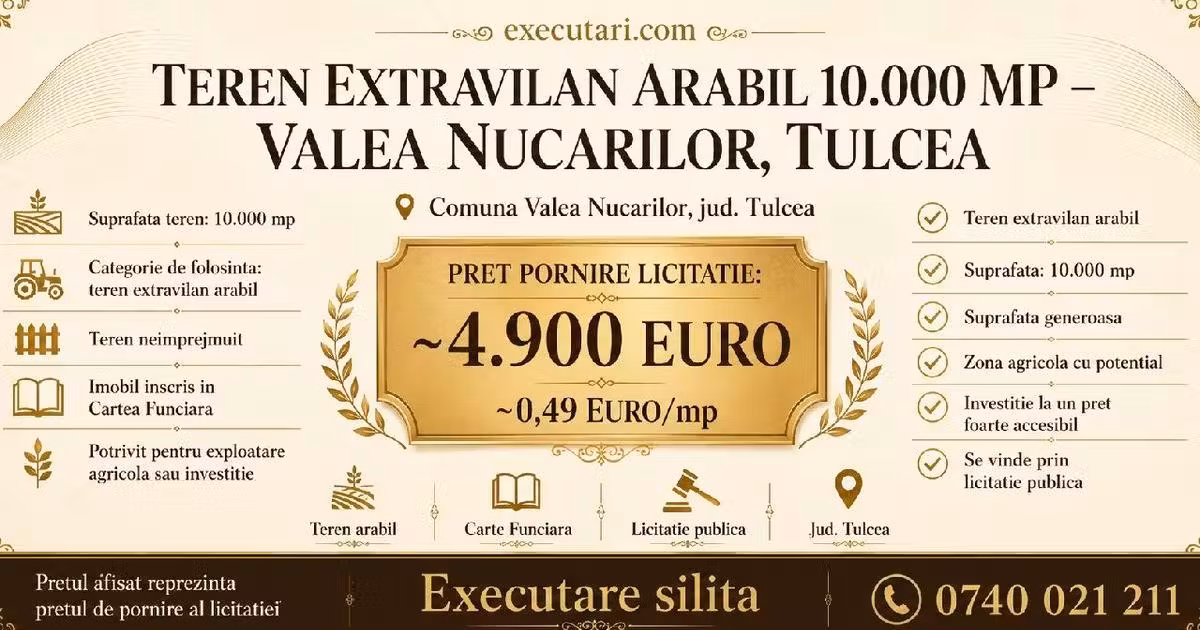 Teren agricol extravilan de vânzare de 10000 mp, în zona Central, Tulcea