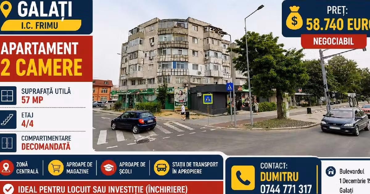 Apartament de vânzare cu 2 camere în zona Central, Galați