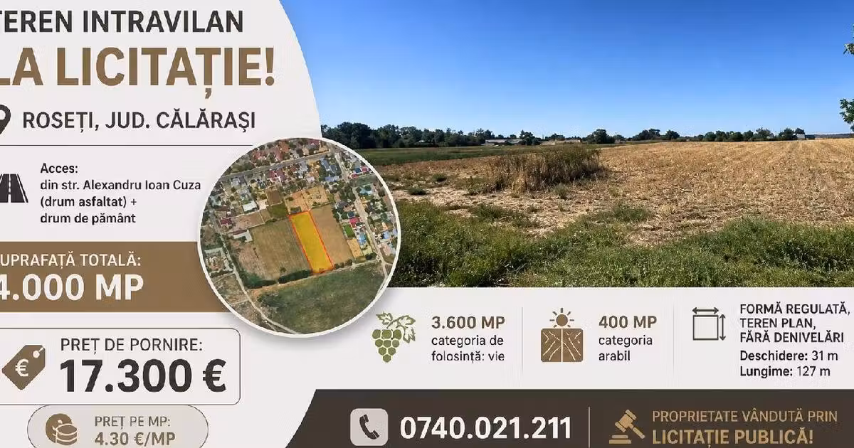 Teren intravilan de vânzare de 4000 mp, în Roseți