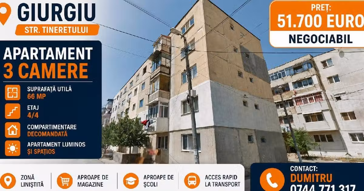 Apartament de vânzare cu 3 camere în zona Tineretului, Giurgiu