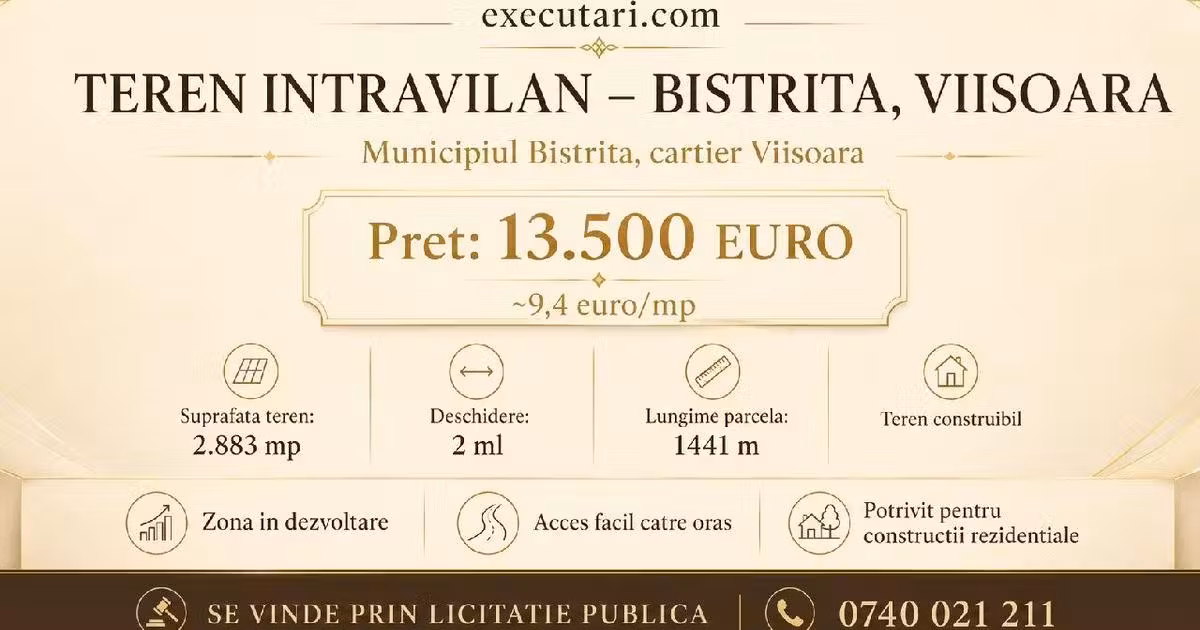 Teren agricol extravilan de vânzare de 2883 mp, în zona Central, Bistrița