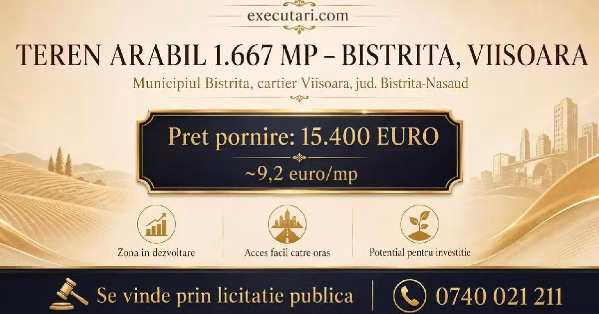 Teren agricol extravilan de vânzare de 1667 mp, în zona Viișoara, Bistrița