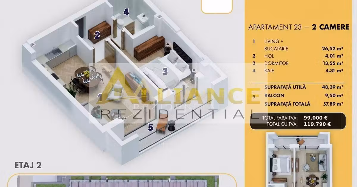 Apartament de vânzare cu 2 camere în Popești-Leordeni