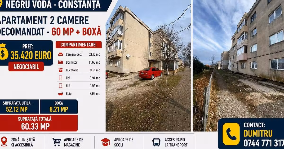 Apartament de vânzare cu 2 camere în Negru Vodă