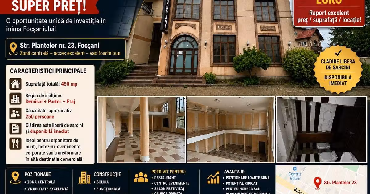 Spațiu comercial de vânzare 450 mp în zona Central, Focșani