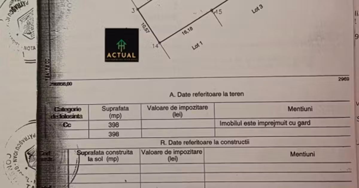 Teren Construcții intravilan de vânzare de 398 mp, în Cumpăna
