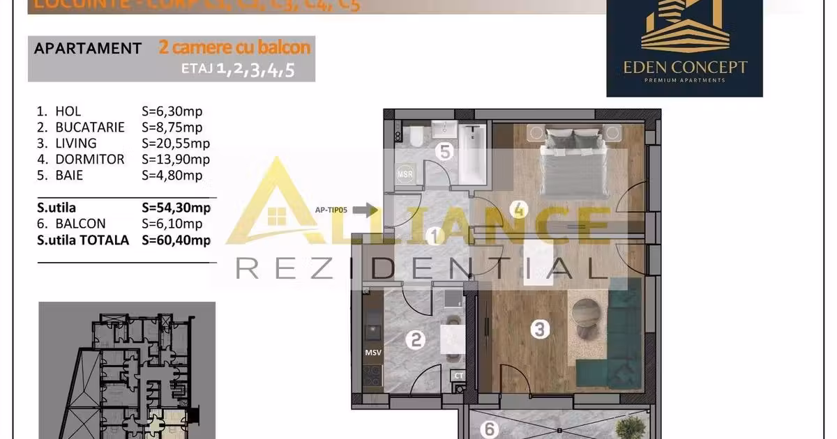Apartament de vânzare cu 2 camere în Popești-Leordeni