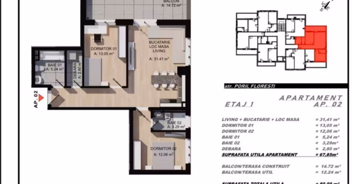 Apartament de vânzare cu 3 camere în Florești