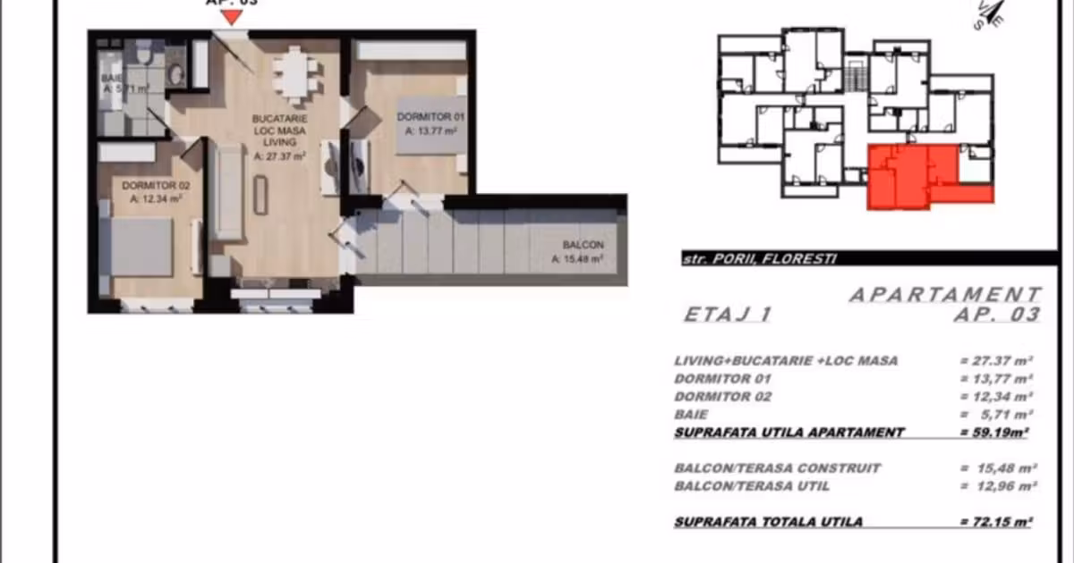 Apartament de vânzare cu 3 camere în Florești