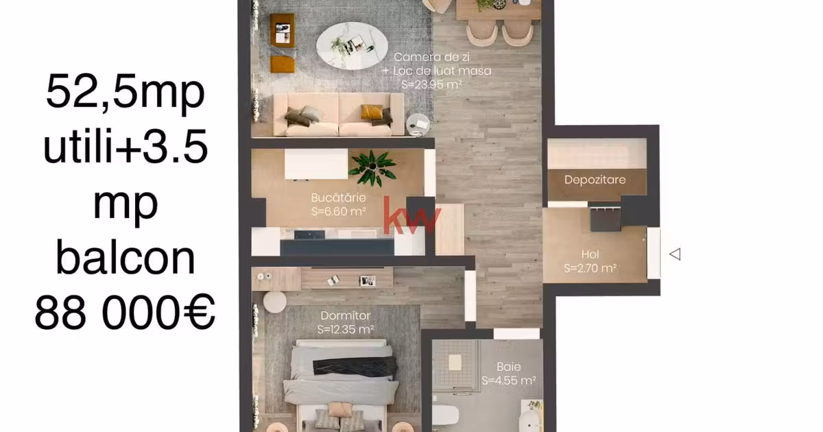 Apartament de vânzare cu 2 camere în Valea Lupului